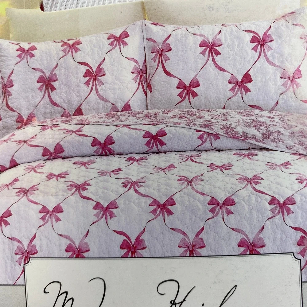 Modern Heirloom Abigail Bow Quilt Set Twin White Pink Ribbon Coquette Cottage